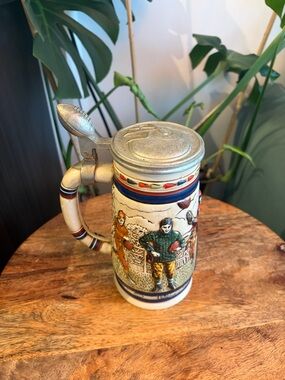 Avon Ceramic Football Theme Beer Stein with Pewter Lid - White, Blue, Red, Brown